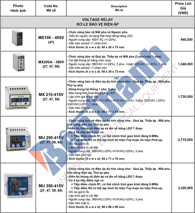 Bảng giá relay bảo vệ điện áp Mikro