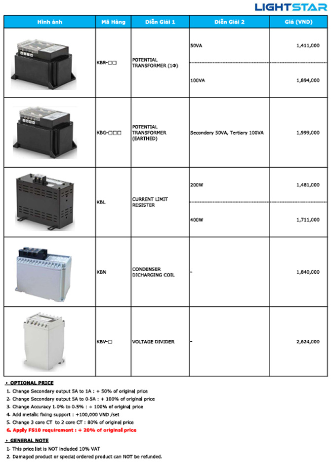 Bảng giá biến dòng Lightstar