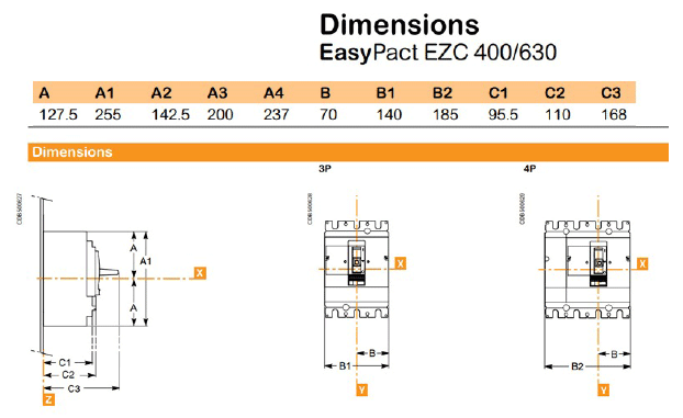 Bản vẽ kích thước MCCB Easypact EZC400 Schneider