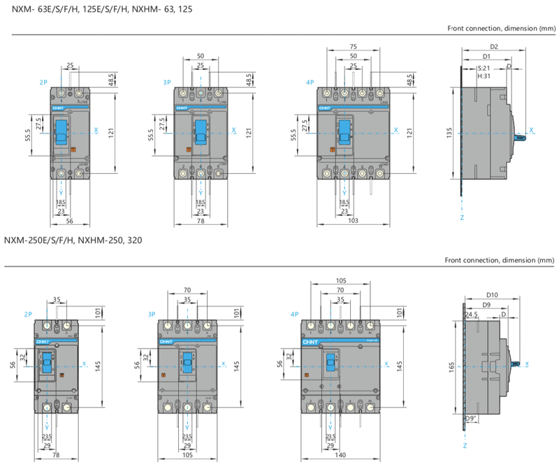 Bản vẽ kích thước MCCB NXM-125 NXM-250 Chint