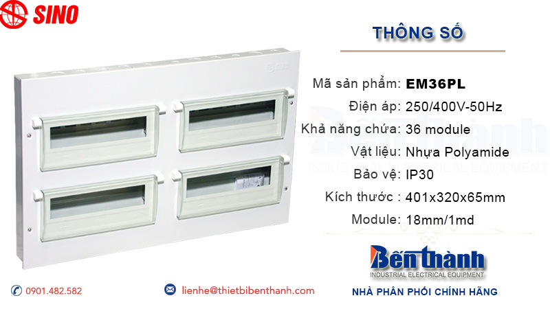 Kích thước tủ điện âm tường 36 module Sino