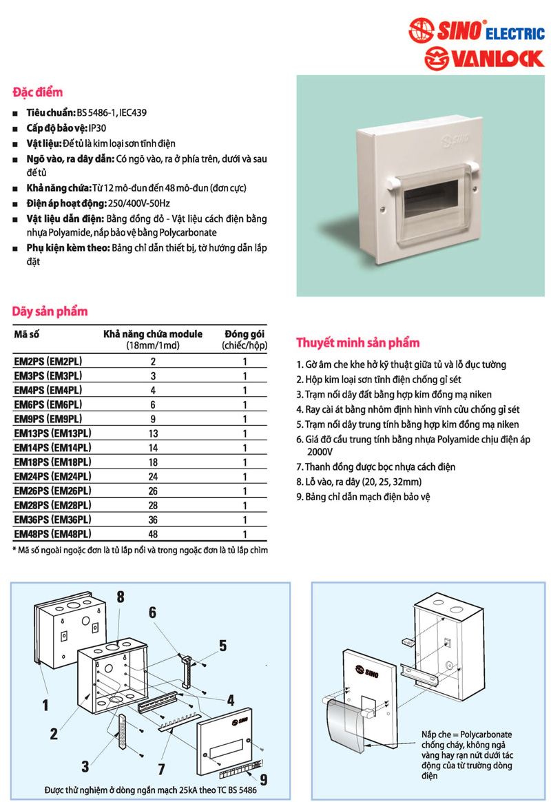 Kích thước tủ điện âm tường 6 module Sino
