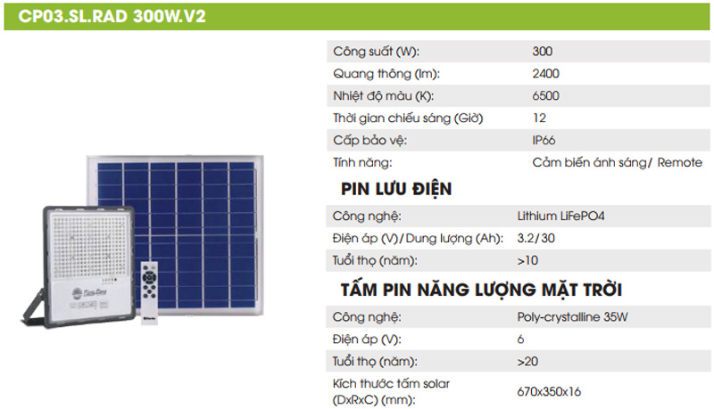 Thông số kĩ thuật đèn pha Led 300W Rạng Đông