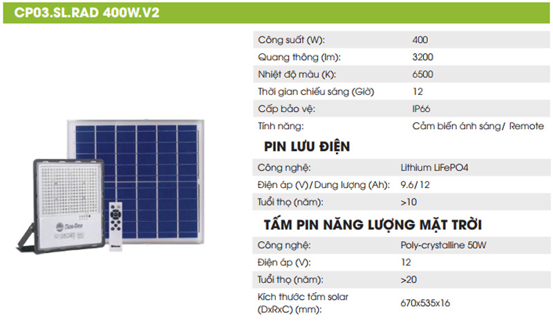 Thông số kĩ thuật đèn pha Led 400W Rạng Đông
