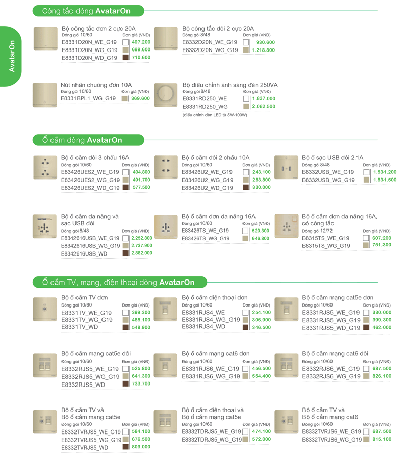 Bảng giá ổ cắm điện Schneider Avataon