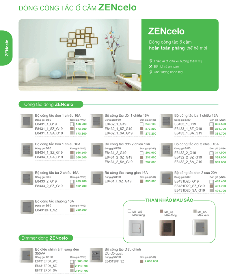 Bảng giá công tắc ổ cắm điện Schneider zencelo