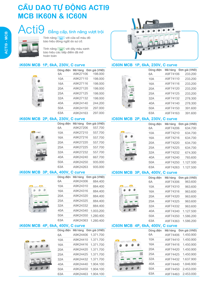 Bảng giá thiết bị điện MCB Schneider acti9