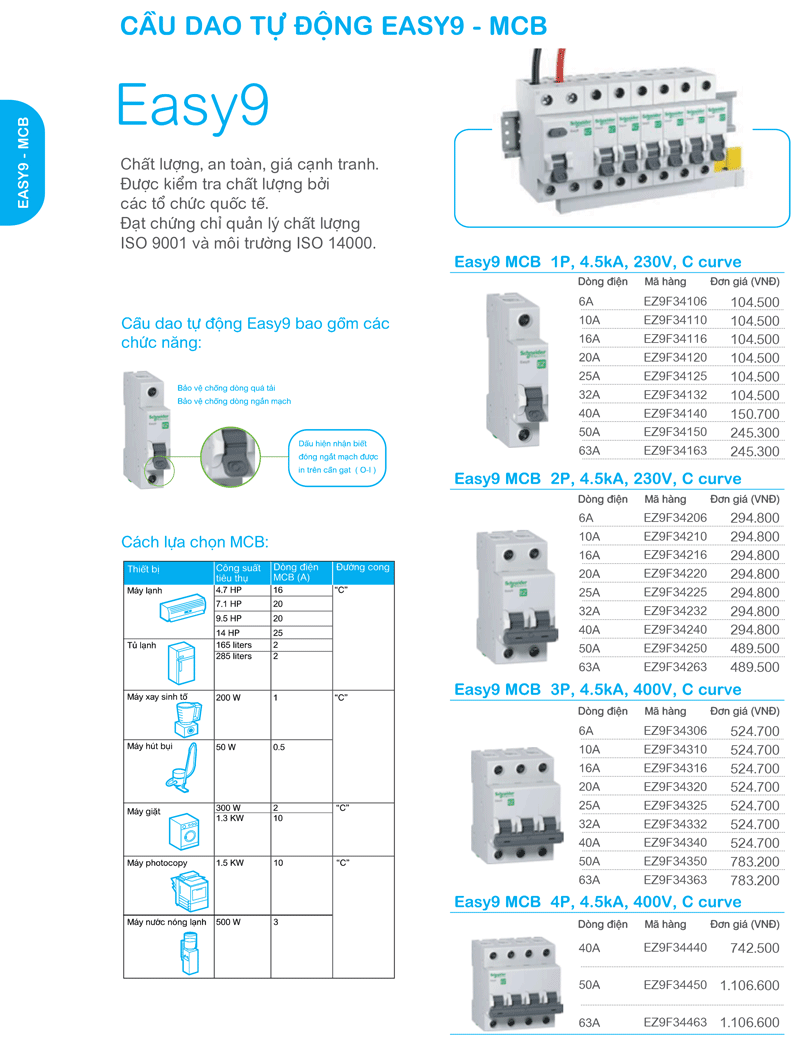 Bảng giá thiết bị điện MCB Schneider easy9