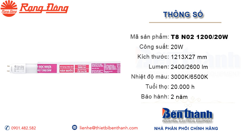 Bóng đèn tuýp LED 1m2 T8 N02 20W Rạng Đông
