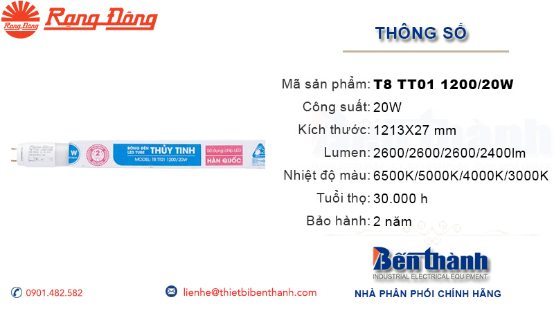 Bóng đèn tuýp LED 1m2 T8 TT01 20W Rạng Đông
