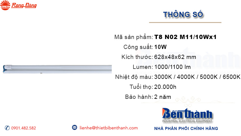 Đèn tuýp LED đôi 60cm T8 N02 M11 10W Rạng Đông