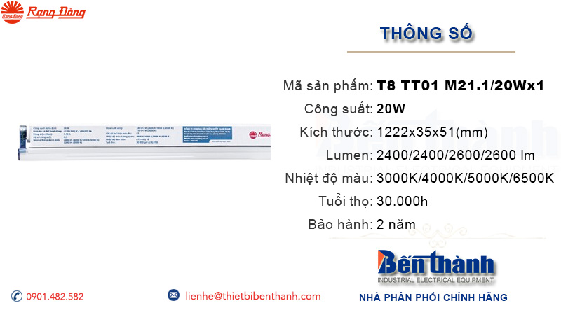 Bộ đèn tuýp Led 1.2 m T8 TT01 M21.1/20Wx1 Rạng Đông