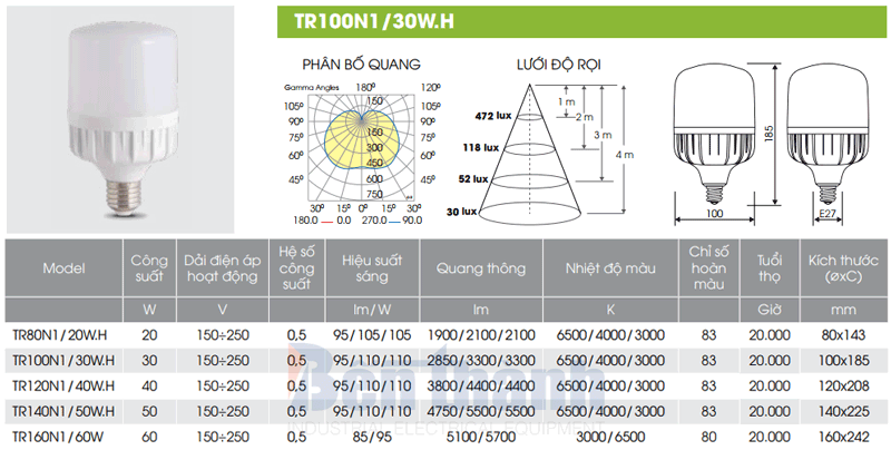 Bóng đèn LED Bulb 30W TR100N1/30W.H Rạng Đông