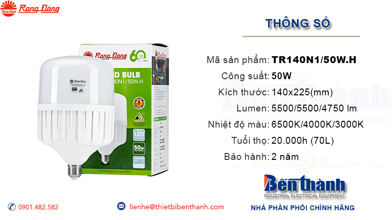 Bóng đèn LED Bulb 60W TR140N1/50W.H Rạng Đông