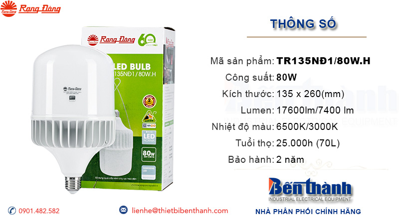 Bóng đèn LED Bulb 80W TR135NĐ1/80W.H Rạng Đông
