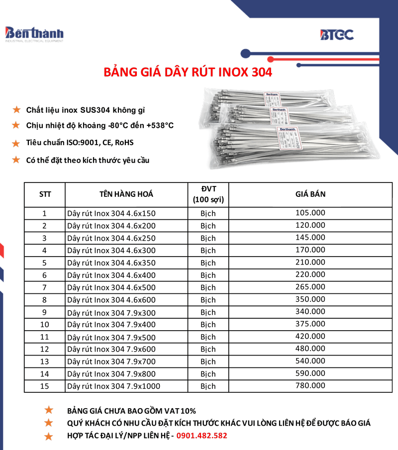 Bảng giá dây rút inox 304