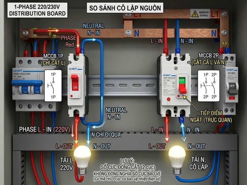 Hệ thống điện 1 pha nên dùng MCCB mấy cực?