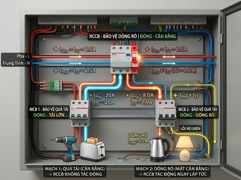 RCCB có bảo vệ quá tải và ngắn mạch không?