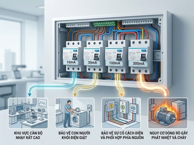 RCCB 10mA, 30mA, 100mA và 300mA khác nhau thế nào?