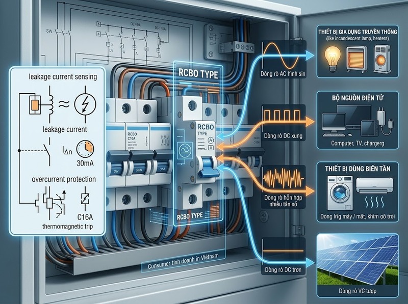 RCBO Type AC, A, F và B khác nhau thế nào?