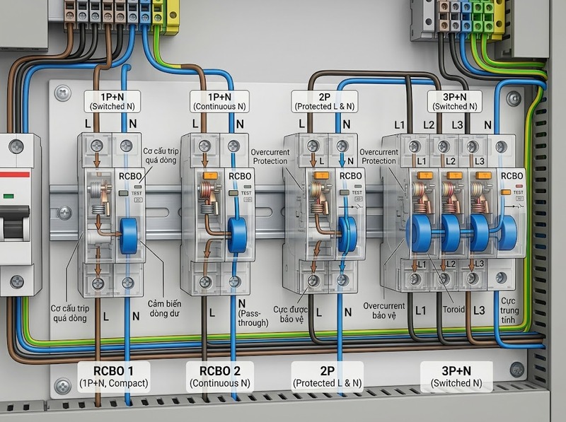 RCBO 1P+N, 2P, 3P+N và 4P khác nhau thế nào?